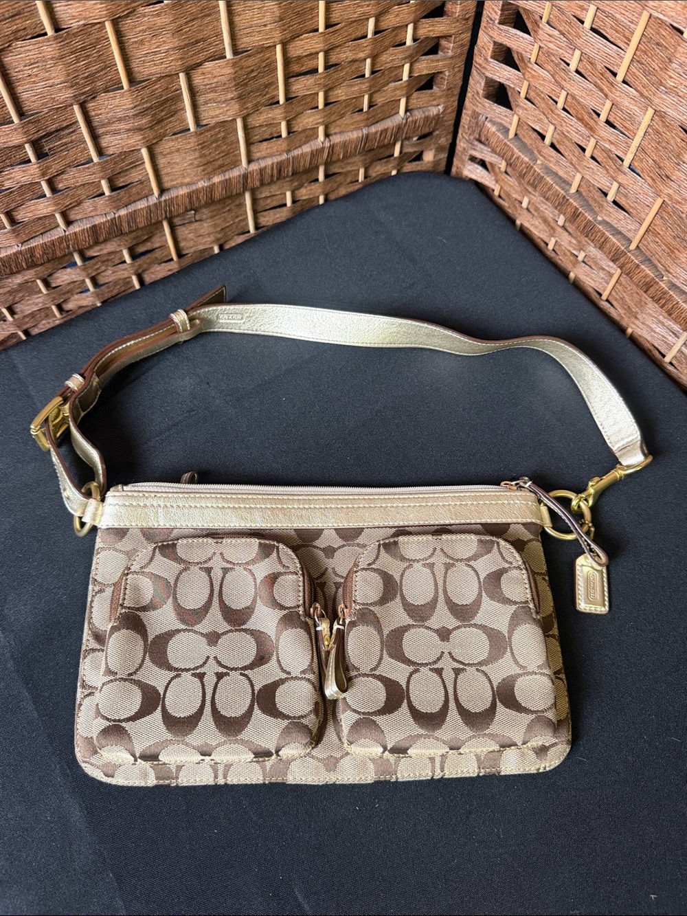 Coach Beige Signature Jacquard Beltbag/shoulder Bag with gold leather trim. VGUC